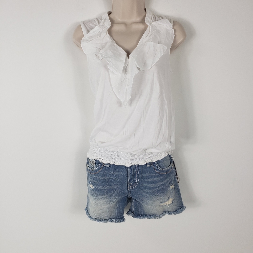Chaps White Ruffle V-neck Top